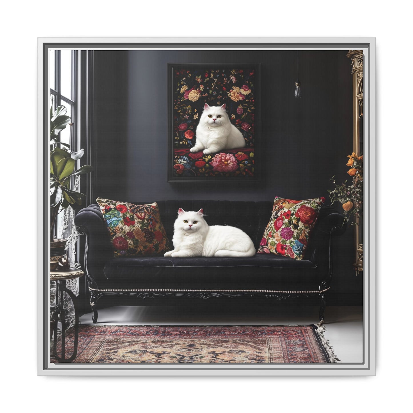 White Persian "House Cat" Portrait Matte Canvas Framed | Floral Still Life Wall Art