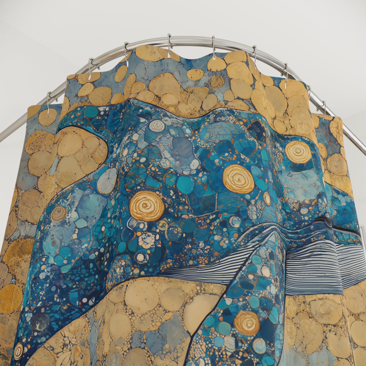 Whale Pier Shower Curtain — Nautical Blue Gold Whale Art for Ocean-Themed Bathroom