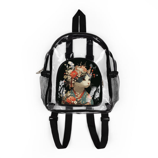 Clear Stadium Backpack with Floral Cat Design, Clear Bag for Concerts, Sports Events, Festivals, School, Fashion