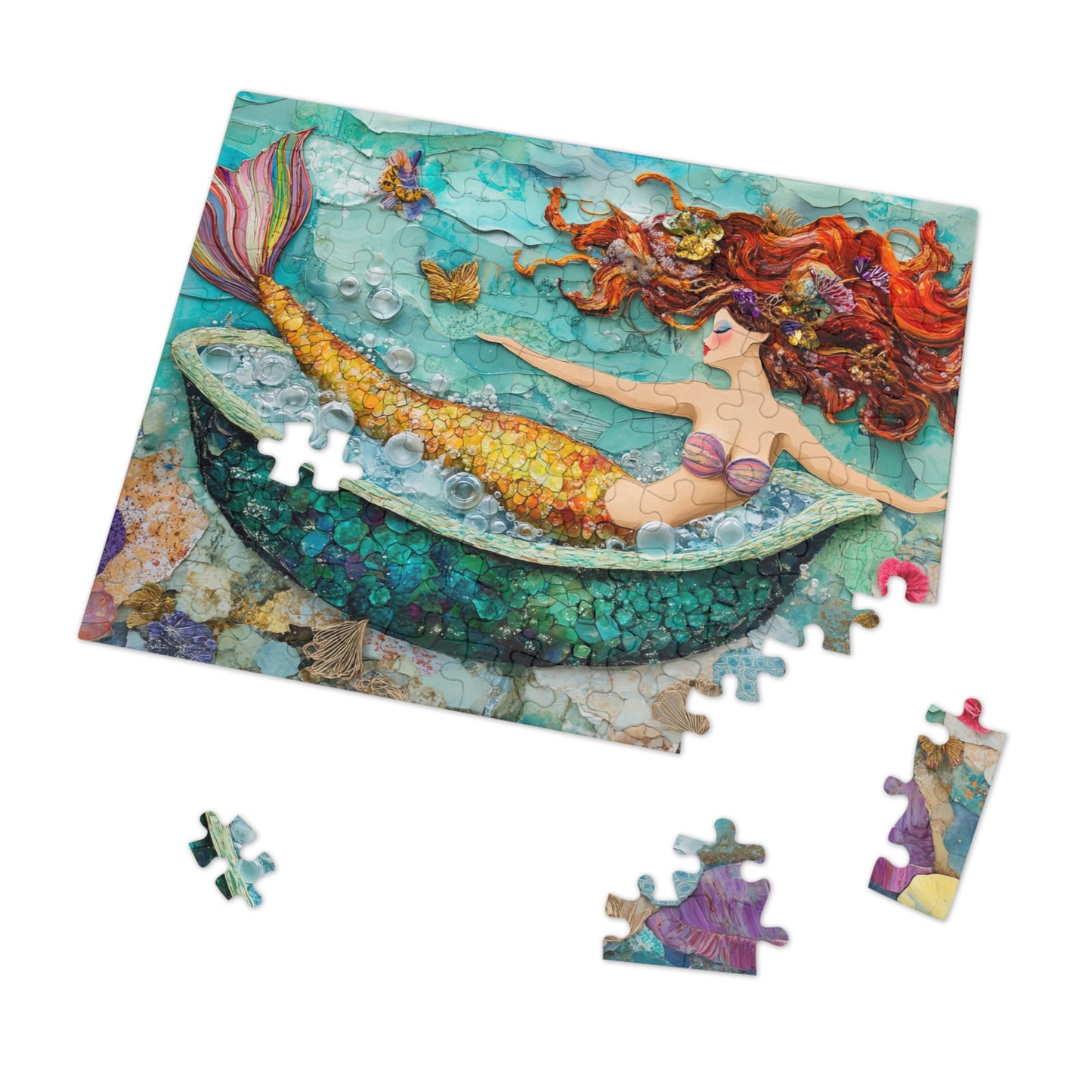 Bubbles Mermaid Bath Tub Jigsaw Puzzle with Tin | Colorful Redhead Mermaid Art Puzzle