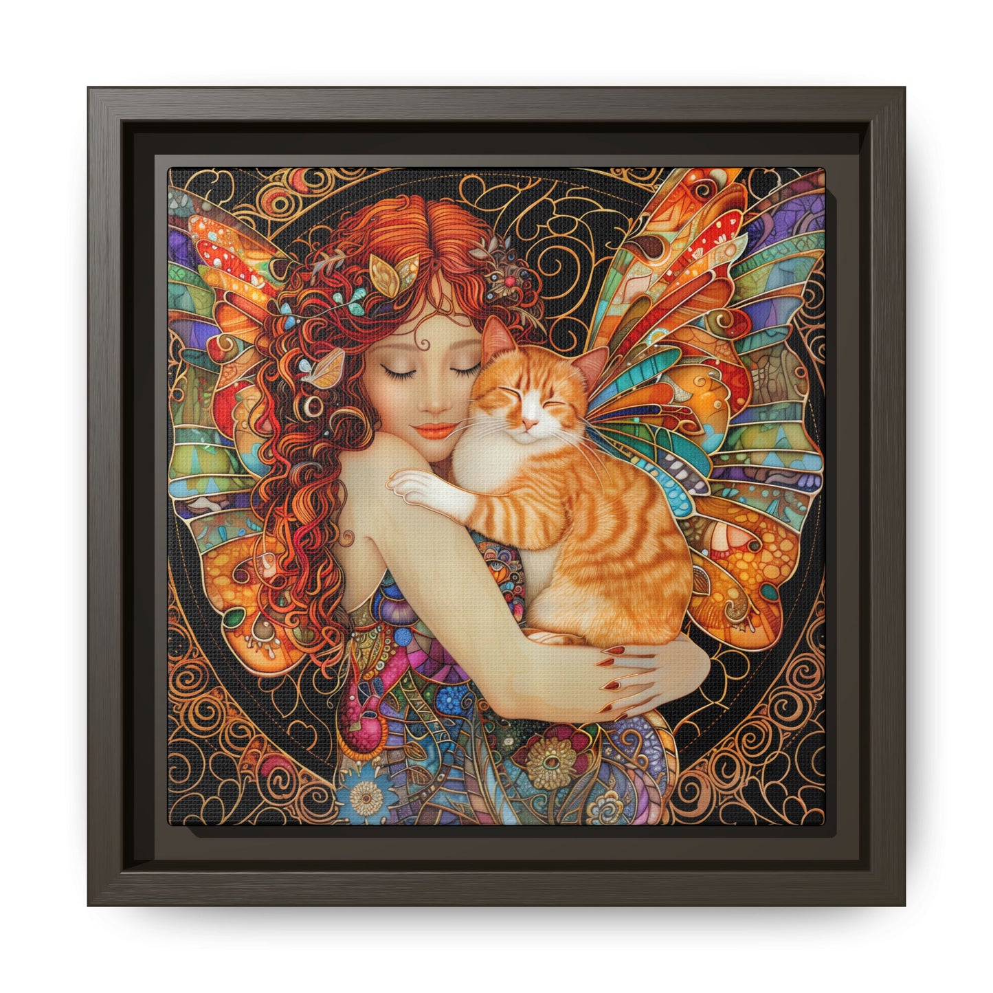 Framed "Tabby"  Fantasy Canvas Art Print - Whimsical Wall Decor, Fairy and Cat Illustration, Magical Gift for Cat Lovers