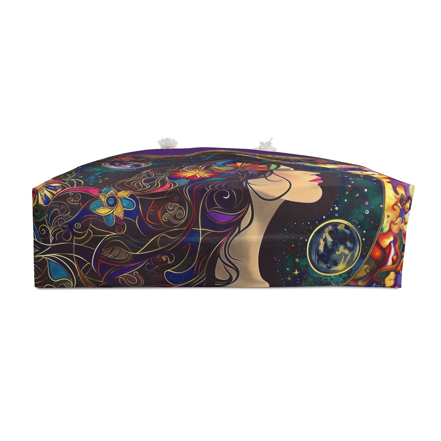 Floral Moon Woman Weekender Bag  Boho Celestial Tote, Purple,  Rope Handles