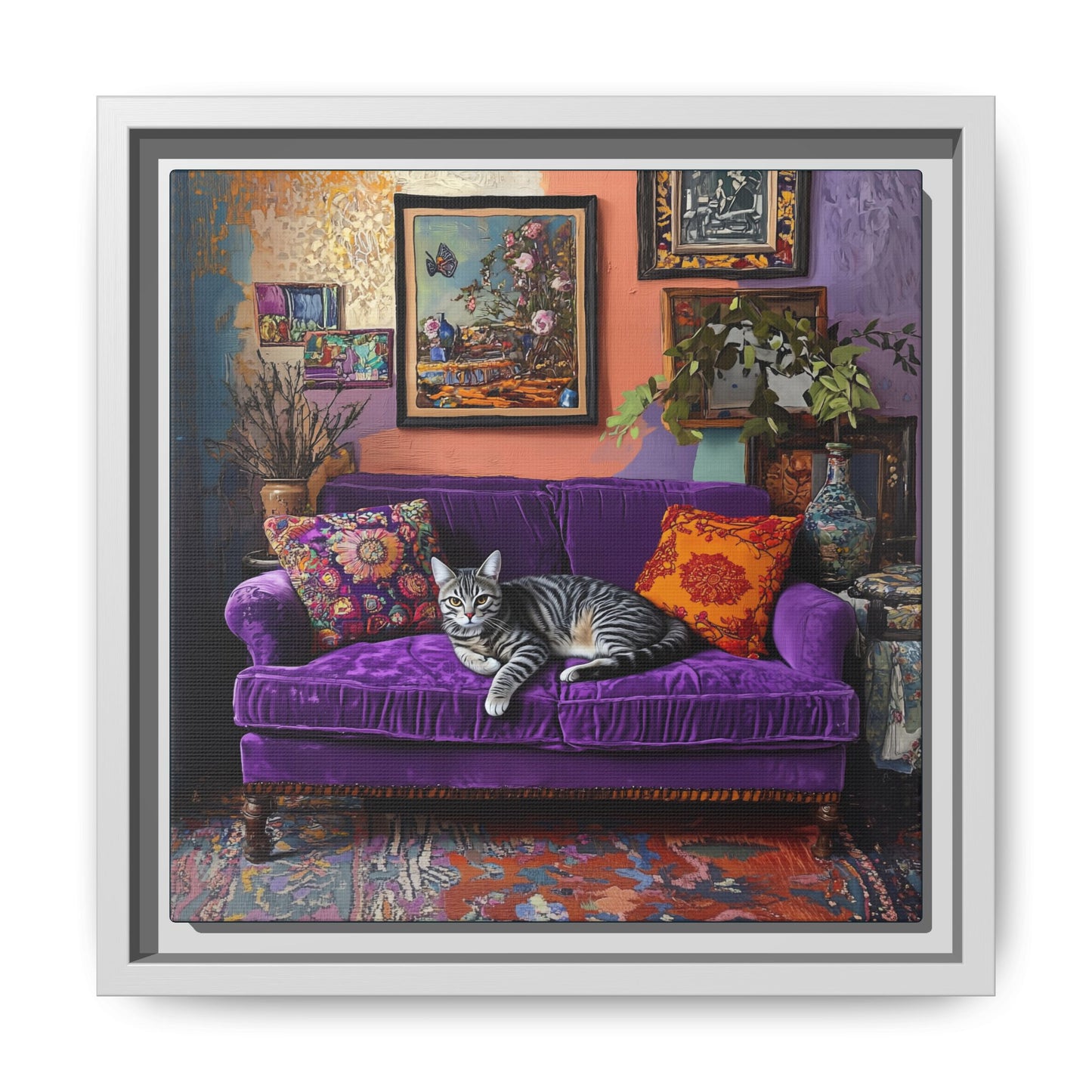Tabby "House Cat" on Purple Velvet Sofa Matte Canvas Framed | Wall Art