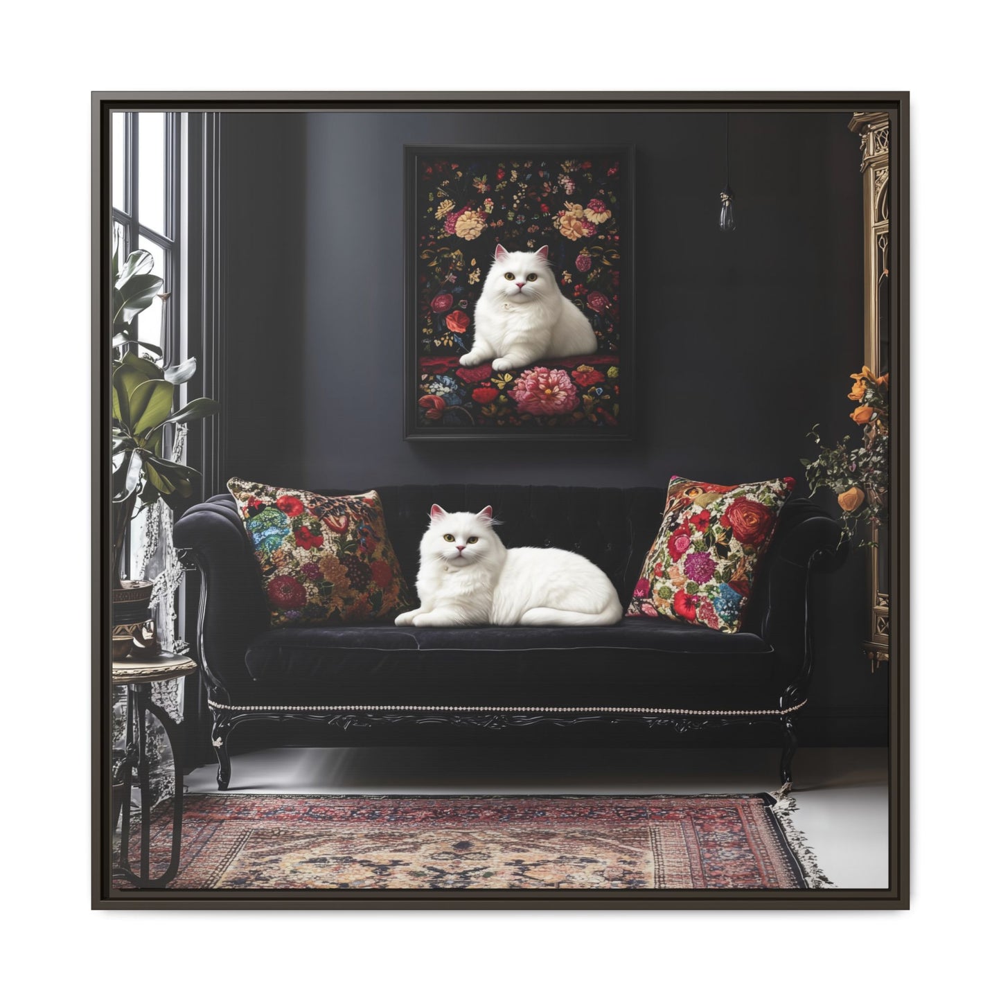 White Persian "House Cat" Portrait Matte Canvas Framed | Floral Still Life Wall Art