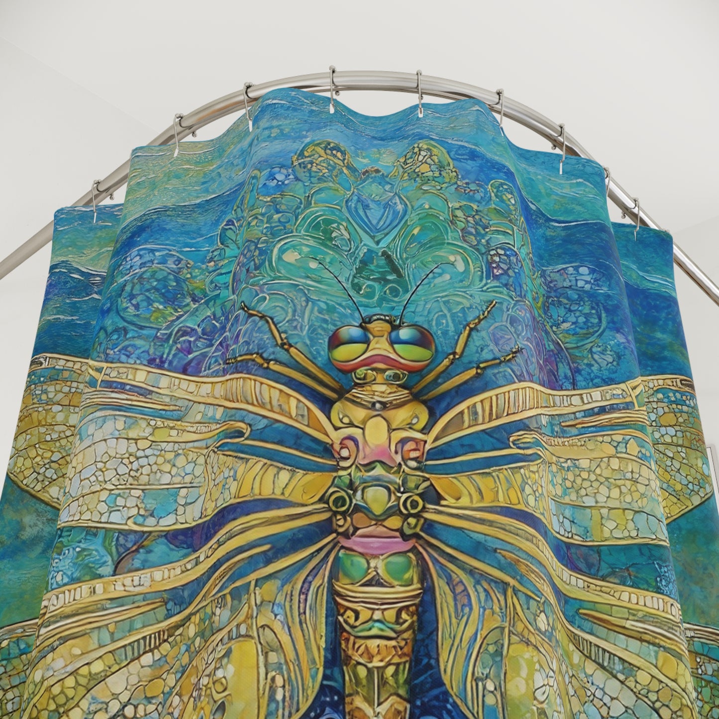 Golden Dragonfly Shower Curtain | Boho Ocean Mandala Bath Decor