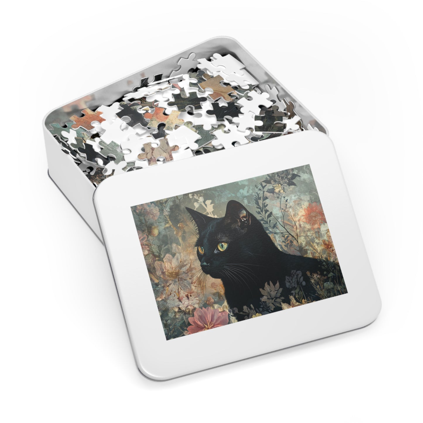 Black Cat Floral Art Jigsaw Puzzle with Tin