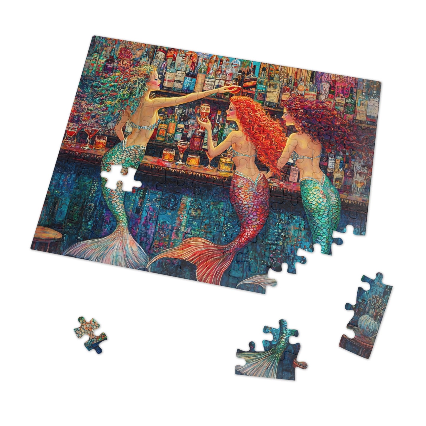Mermaid Bar Scene Jigsaw Puzzle with Tin | Colorful Ocean Sirens