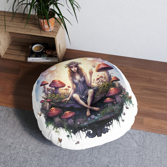Enchanting Fairy Garden Tufted Floor Pillow, Round Cushion for Cozy Spaces, Bohemian Decor, Gift for Nature Lovers, Meditation Accessory