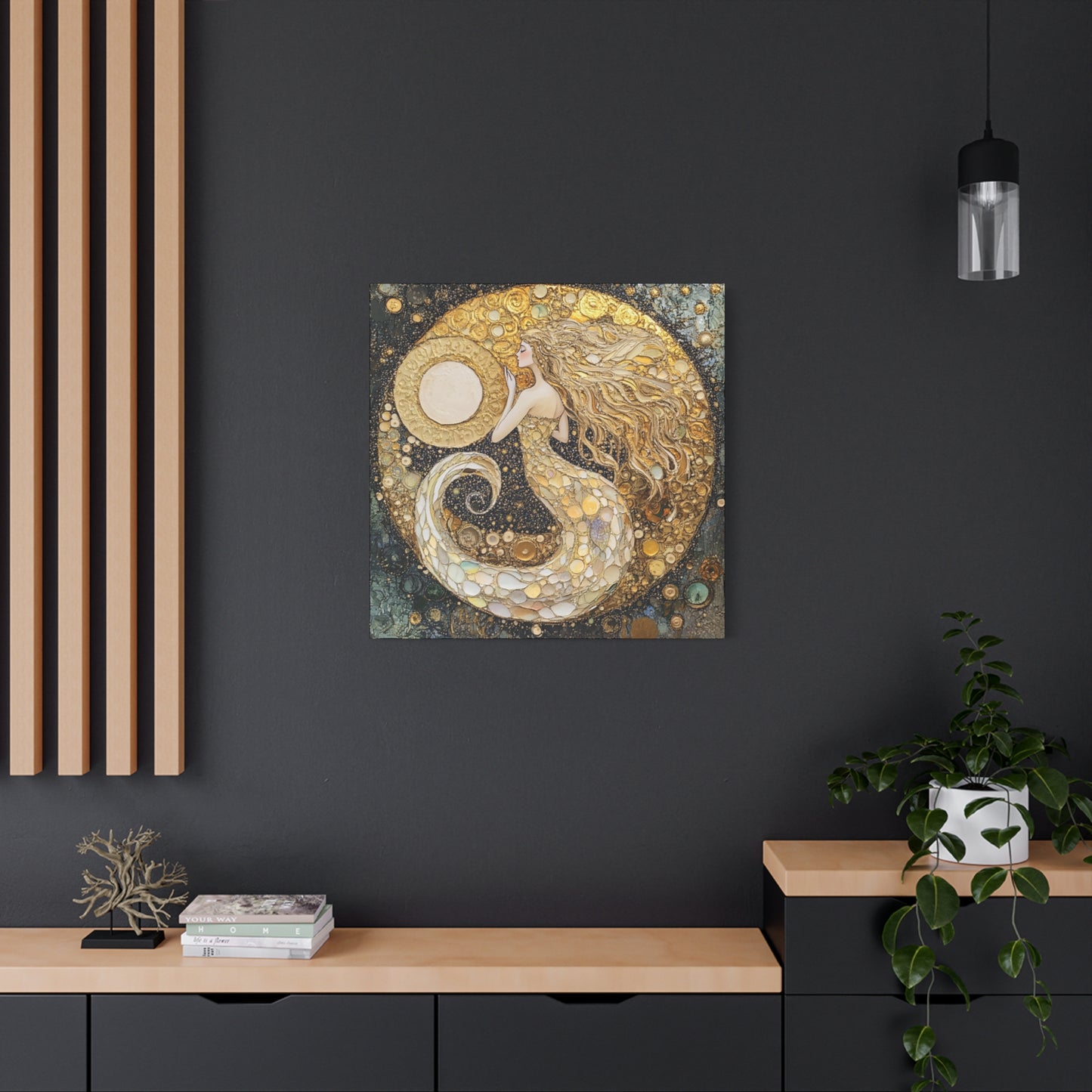 Mermaid Moon Art Canvas, Magical Home Decor, Coastal Vibes, Bohemian Wall Art, Gift for Sea Lovers, Nautical Aesthetic, Unique Art Piece
