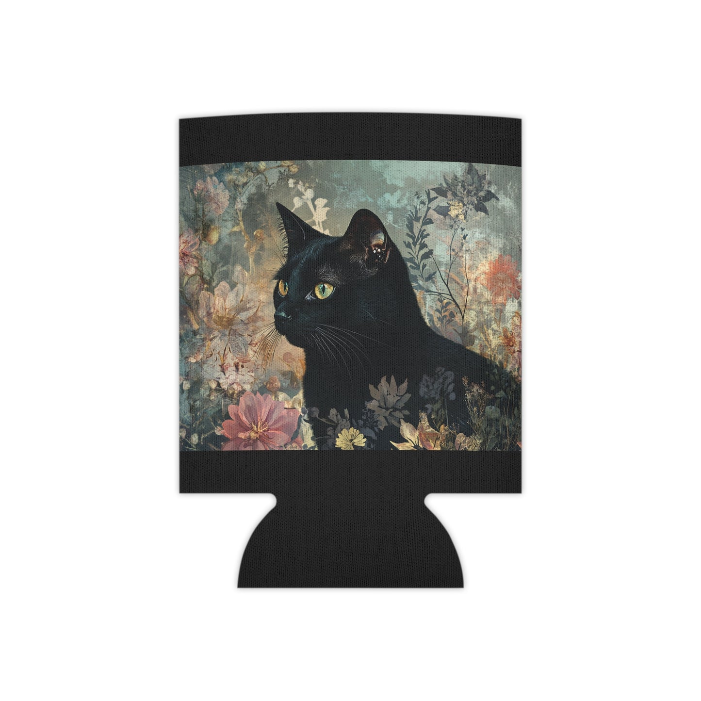 Floral Black Cat Can Cooler | Adorable Beverage Sleeve for Cat Lovers | Gifts for Pet Owners, Housewarming, or Beverages at Parties
