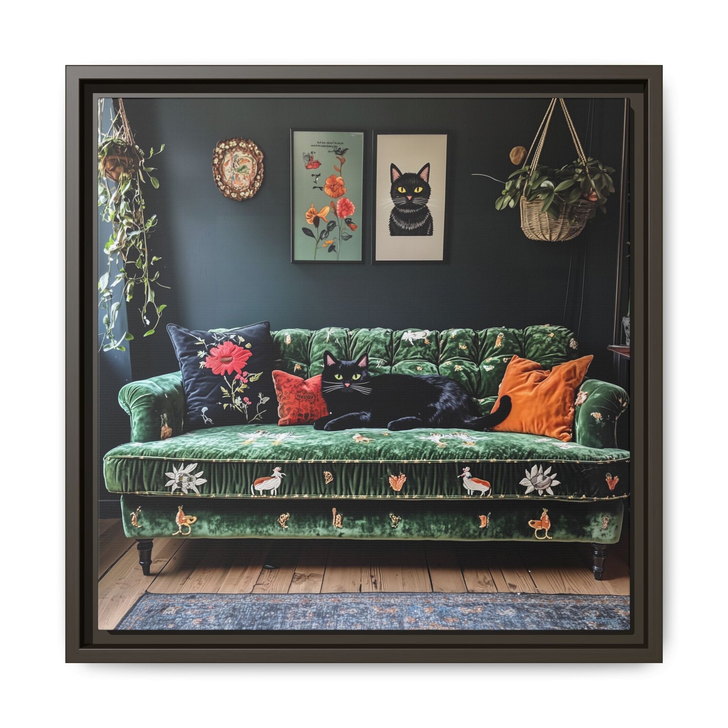 Black "House Cat" Living Room Art Matte Canvas Framed, Green Sofa Boho
