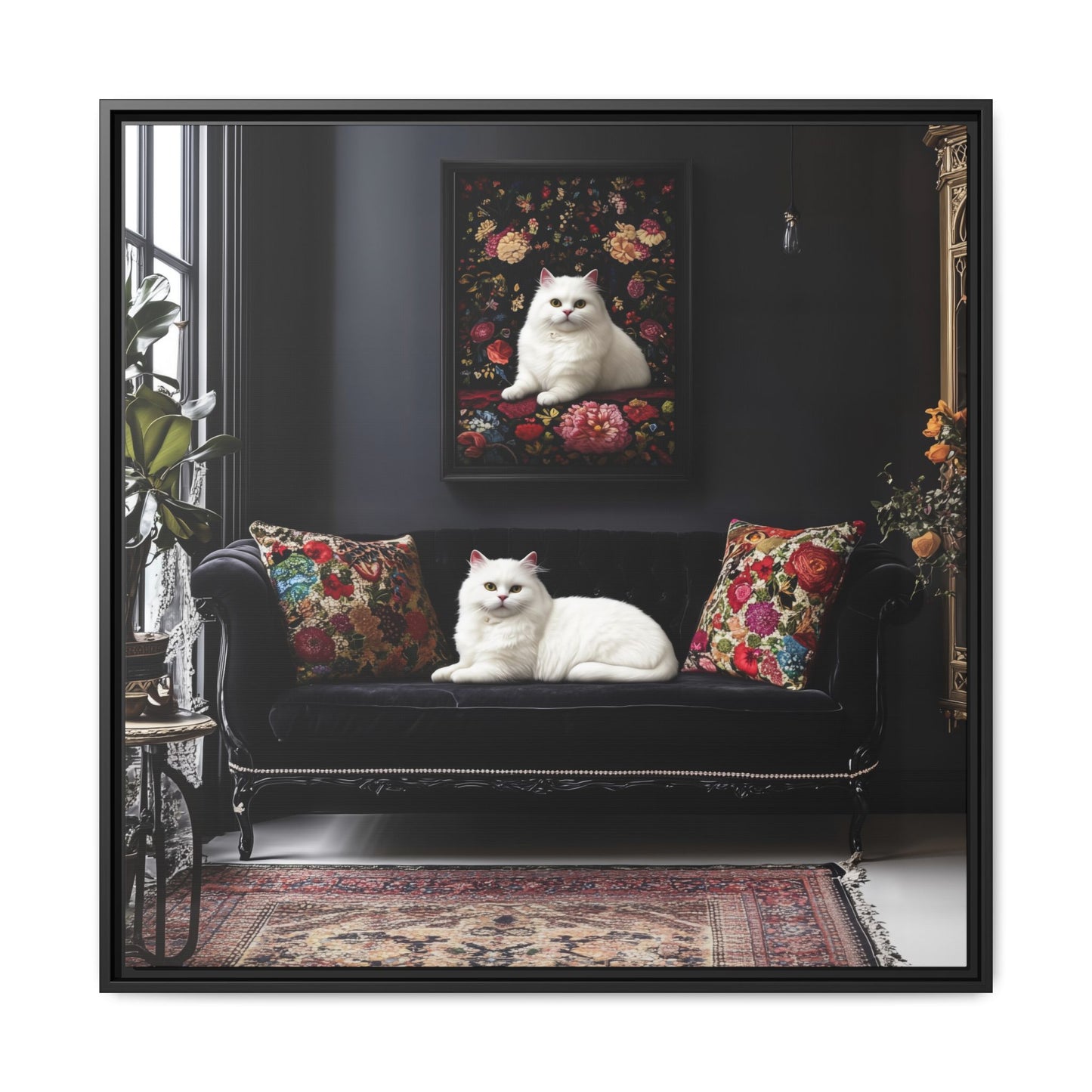 White Persian "House Cat" Portrait Matte Canvas Framed | Floral Still Life Wall Art