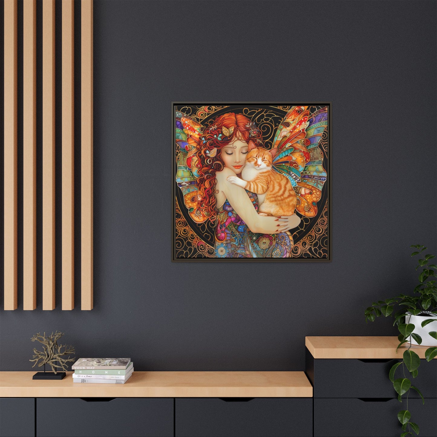 Framed "Tabby"  Fantasy Canvas Art Print - Whimsical Wall Decor, Fairy and Cat Illustration, Magical Gift for Cat Lovers