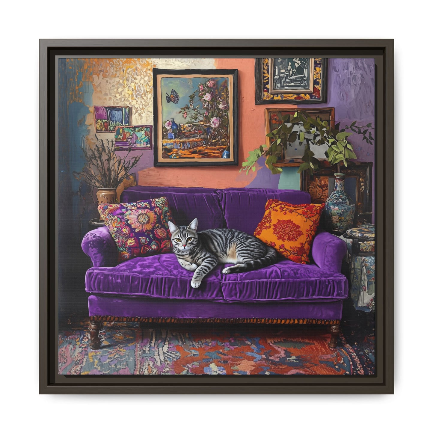 Tabby "House Cat" on Purple Velvet Sofa Matte Canvas Framed | Wall Art