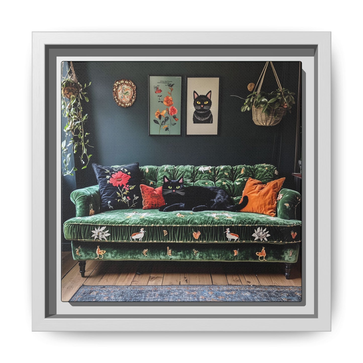 Black "House Cat" Living Room Art Matte Canvas Framed, Green Sofa Boho