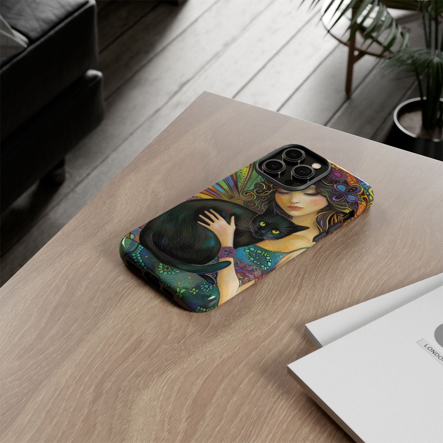 Artistic Phone Case, Celestial Cat Case, Bohemian Style, Gift for Cat Lovers, Unique Phone Protection, Colorful Design
