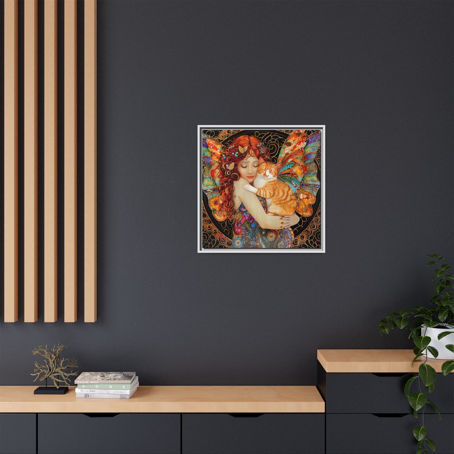 Framed "Tabby"  Fantasy Canvas Art Print - Whimsical Wall Decor, Fairy and Cat Illustration, Magical Gift for Cat Lovers