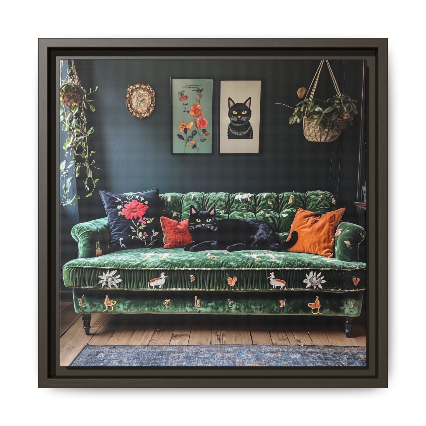 Black "House Cat" Living Room Art Matte Canvas Framed, Green Sofa Boho