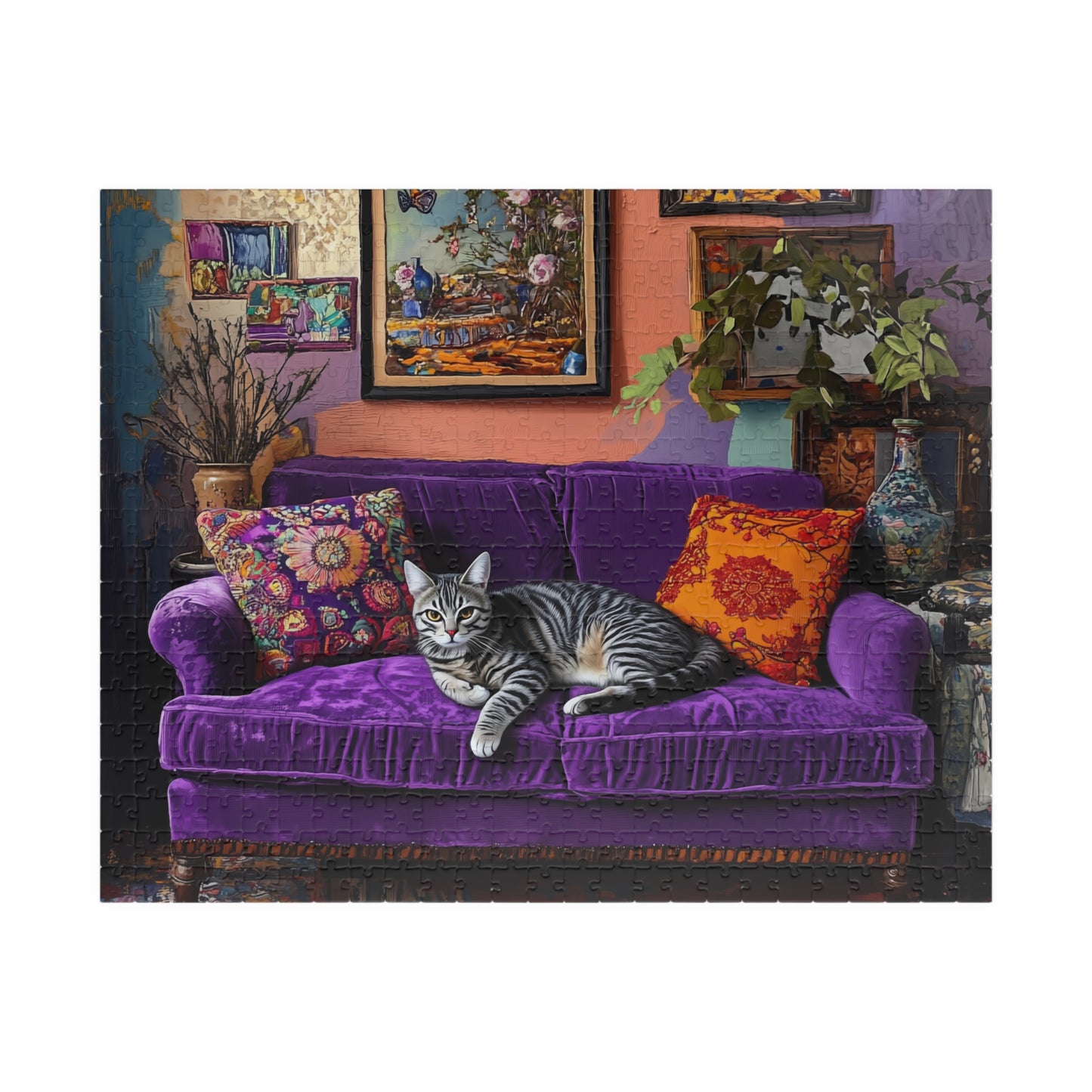 Tabby "House Cat" on Purple Couch Puzzle | 252-1014 Piece Jigsaw