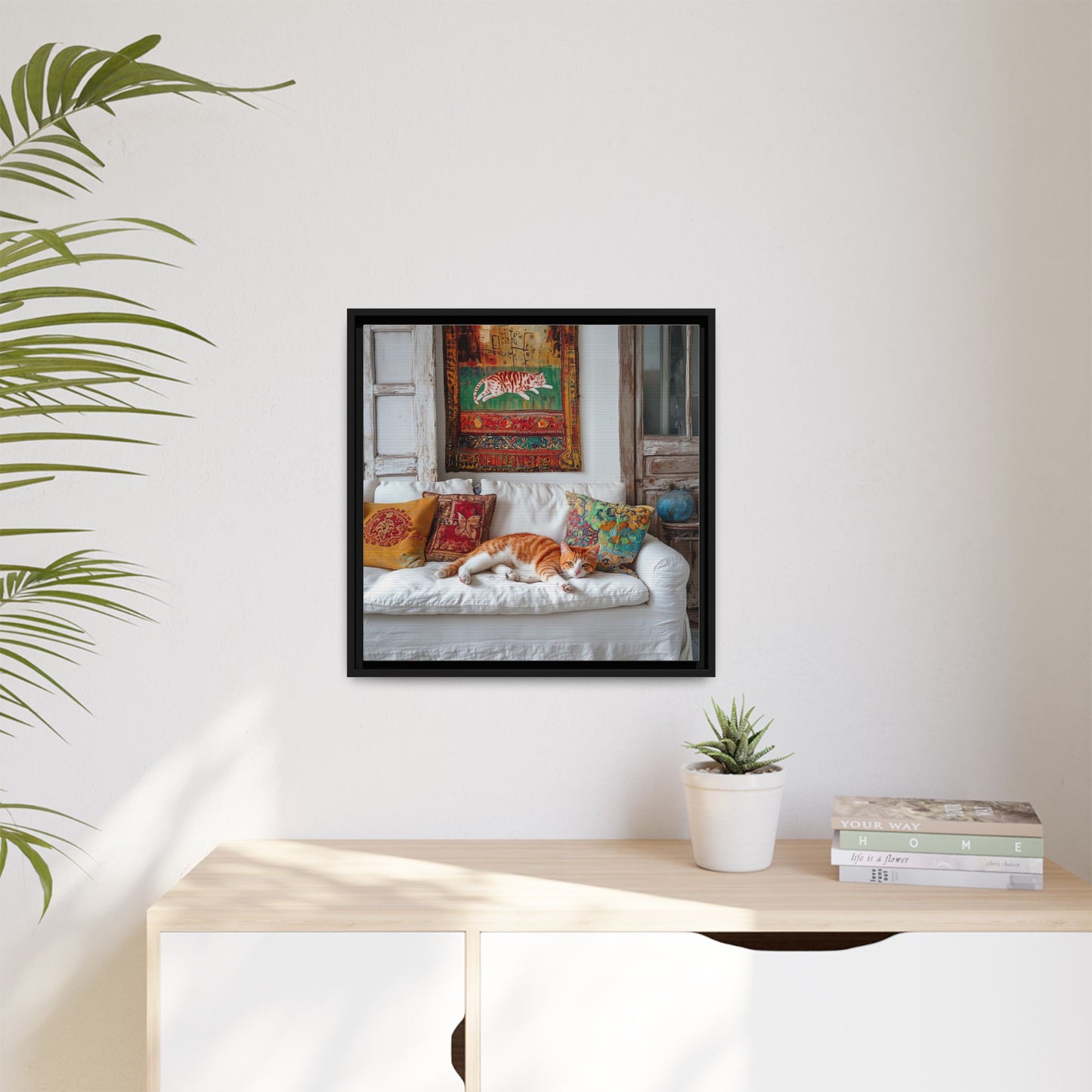 Orange Tabby "House Cat" Sleeping Ginger Cat Sofa Photo Framed Canvas
