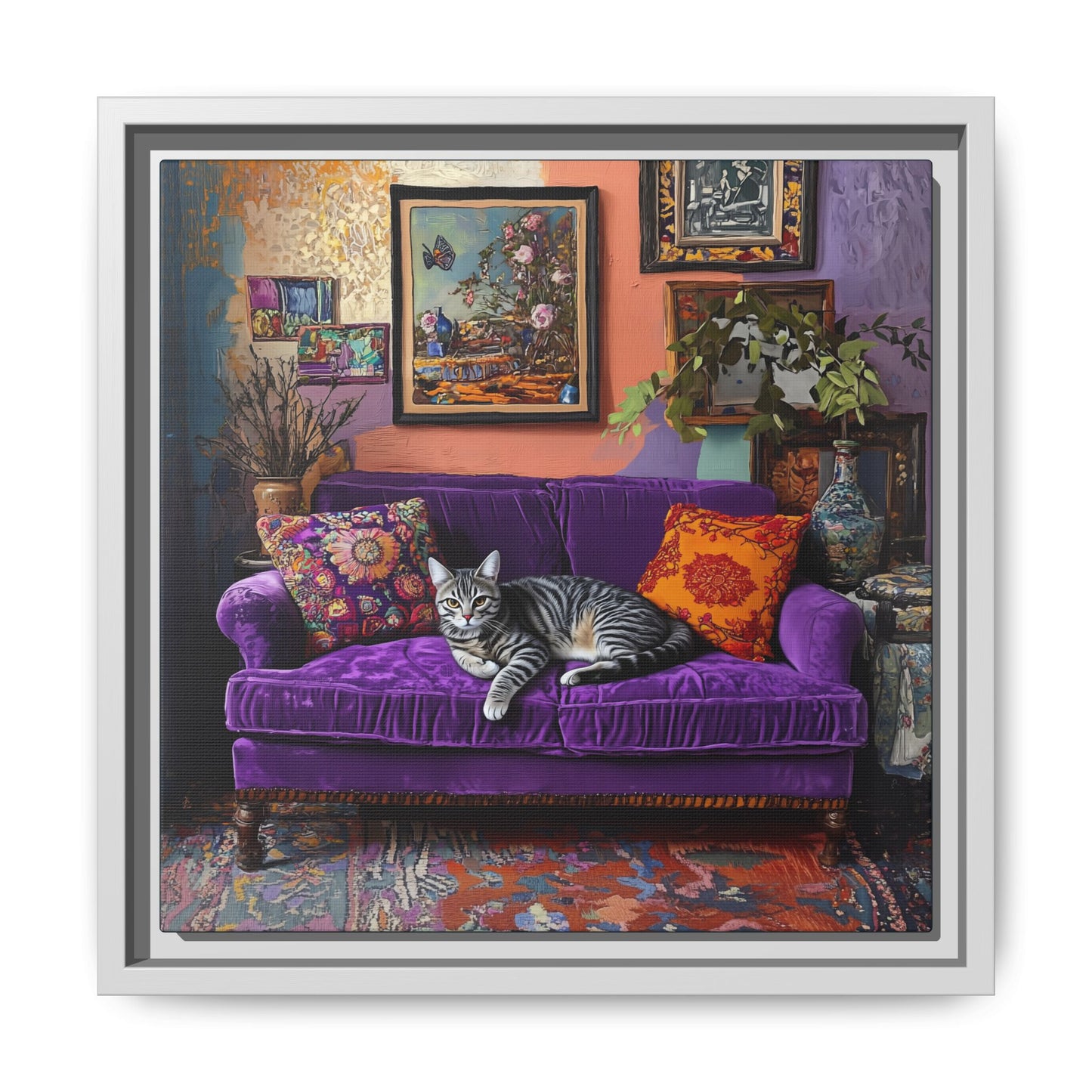 Tabby "House Cat" on Purple Velvet Sofa Matte Canvas Framed | Wall Art