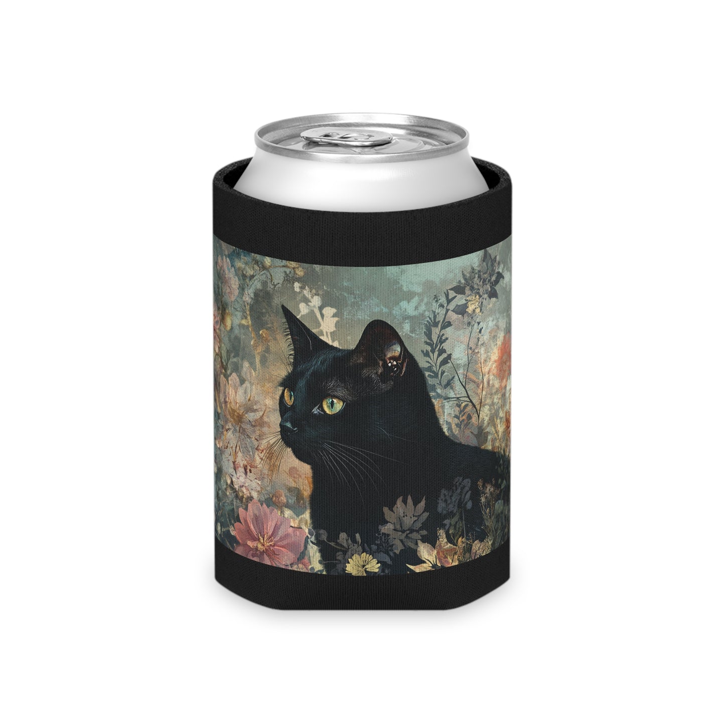 Floral Black Cat Can Cooler | Adorable Beverage Sleeve for Cat Lovers | Gifts for Pet Owners, Housewarming, or Beverages at Parties