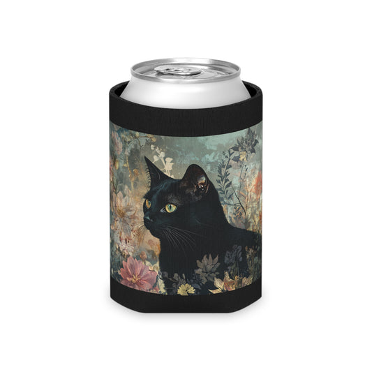 Floral Black Cat Can Cooler | Adorable Beverage Sleeve for Cat Lovers | Gifts for Pet Owners, Housewarming, or Beverages at Parties