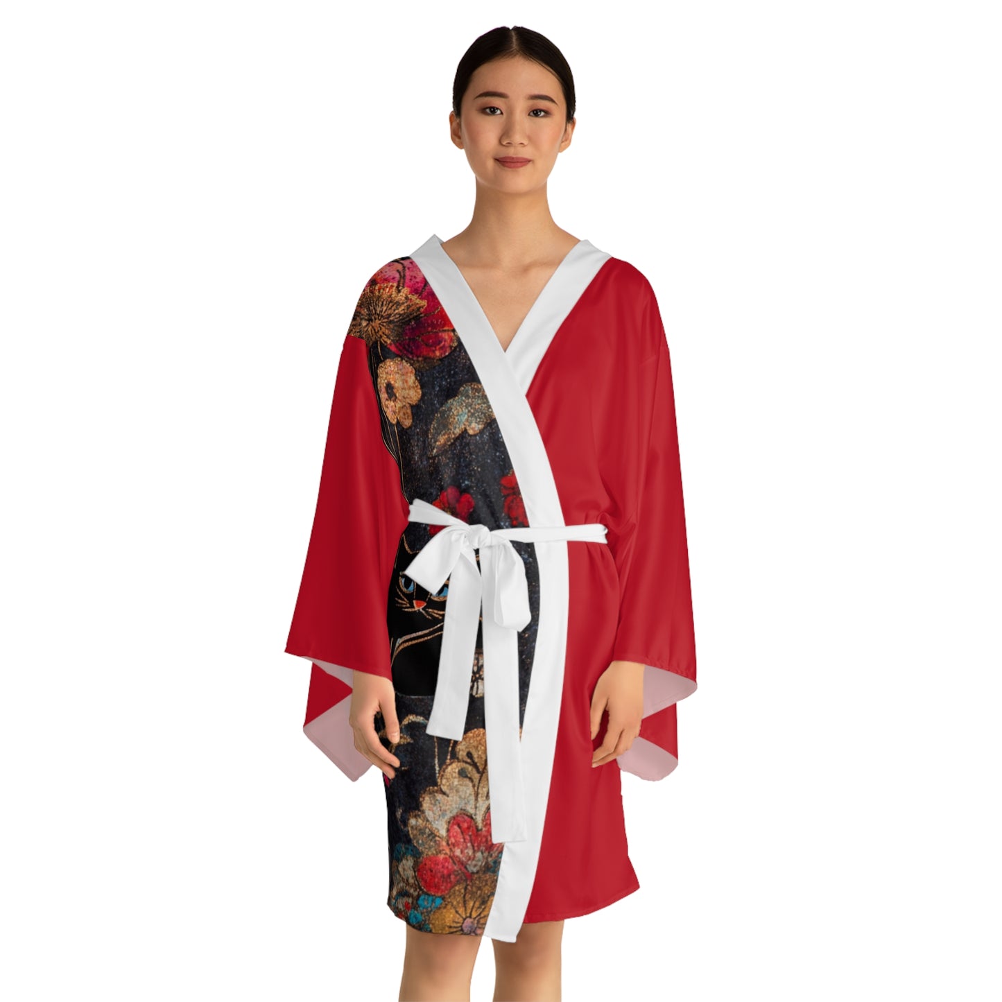 Geisha Cat-Pattern Long Sleeve Kimono Robe, Cozy Lounge Wear, Perfect for Relaxation, Gifts, Home Spa, Traditional Style