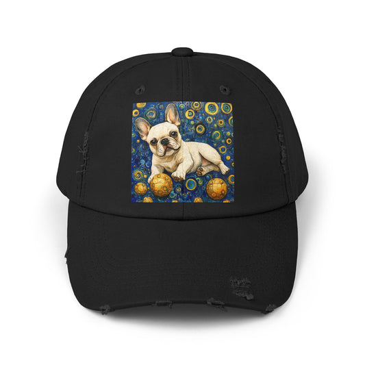 French Bulldog Distressed Cap, Casual Hat for Dog Lovers, Vintage Style Cap, Unisex Pet Accessories, Perfect Gift for Dog Owners