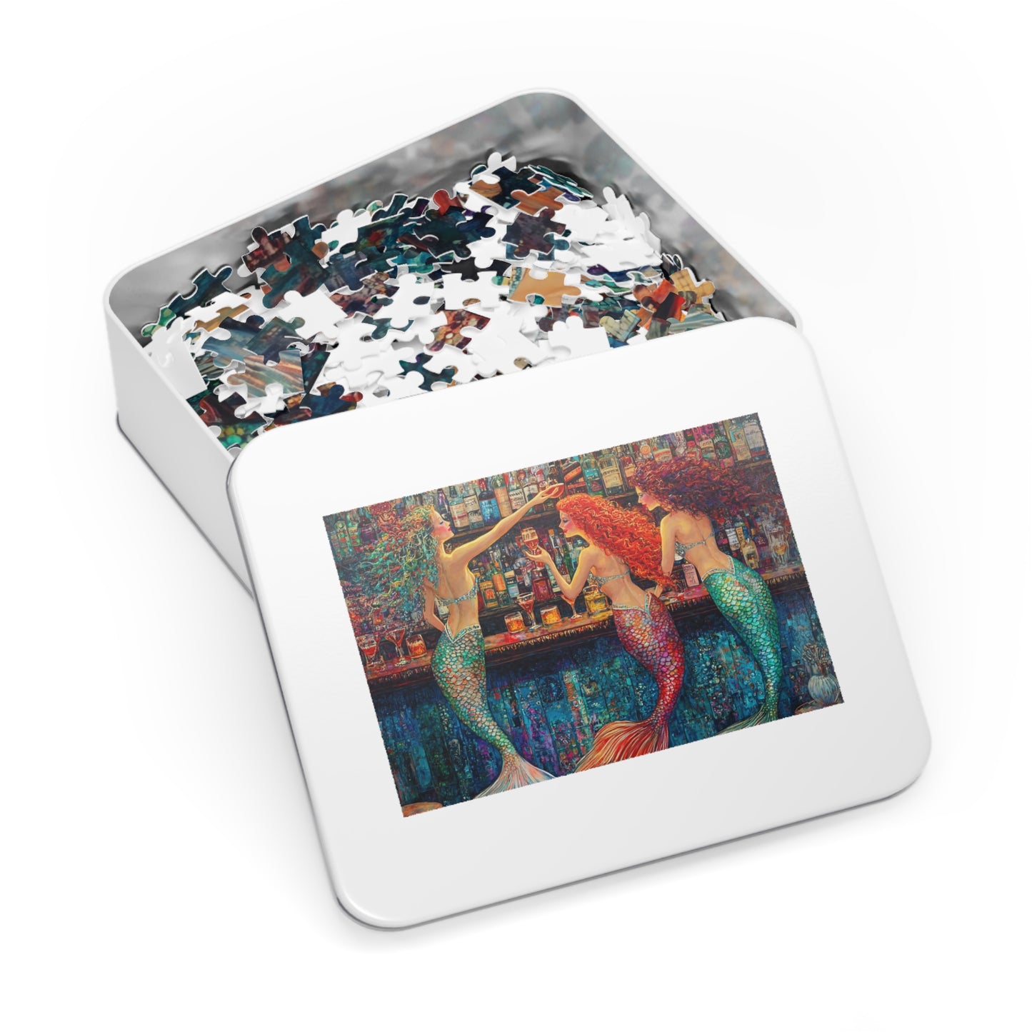 Mermaid Bar Scene Jigsaw Puzzle with Tin | Colorful Ocean Sirens