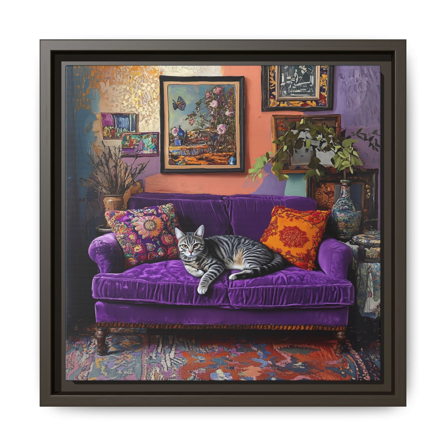 Tabby "House Cat" on Purple Velvet Sofa Matte Canvas Framed | Wall Art