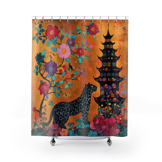 Black Leopard Exotic Floral Shower Curtain, Bohemian Bathroom Decor, Jungle Theme, Vibrant Colors, Unique Gift for Home, Modern Design