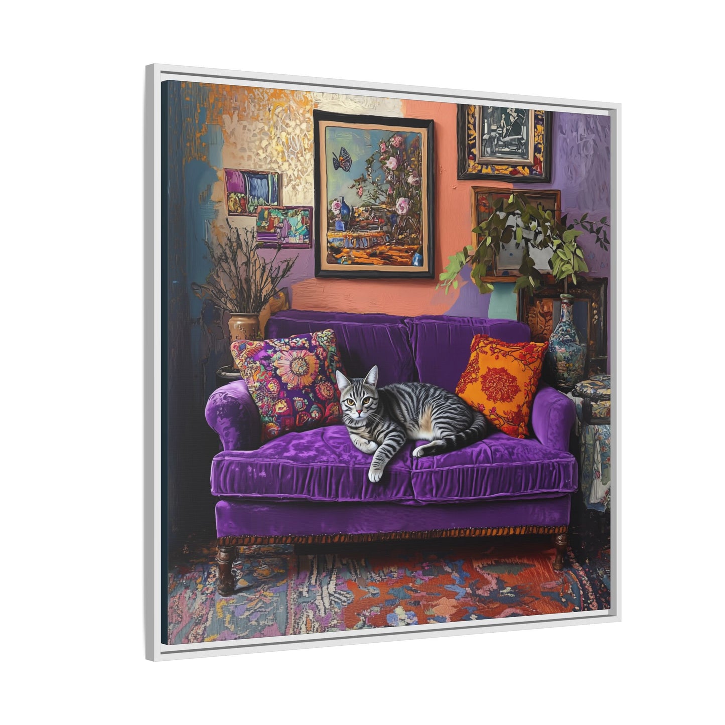 Tabby "House Cat" on Purple Velvet Sofa Matte Canvas Framed | Wall Art