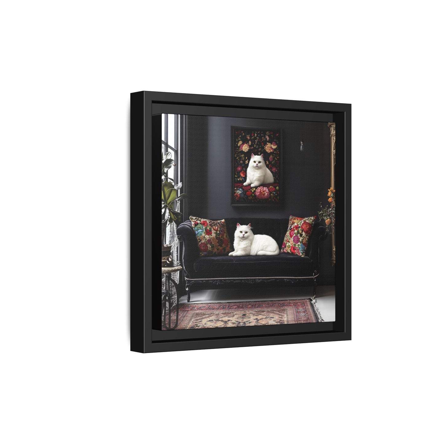 White Persian "House Cat" Portrait Matte Canvas Framed | Floral Still Life Wall Art