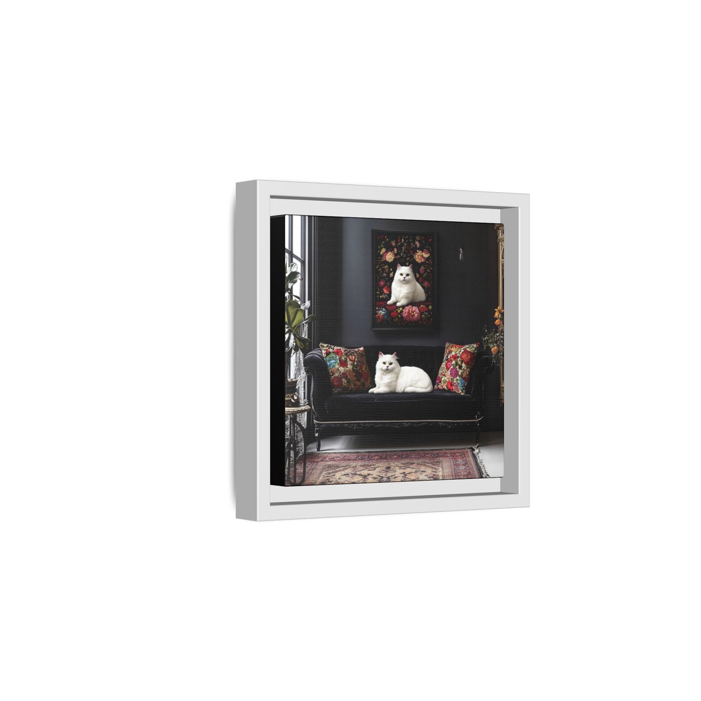 White Persian "House Cat" Portrait Matte Canvas Framed | Floral Still Life Wall Art