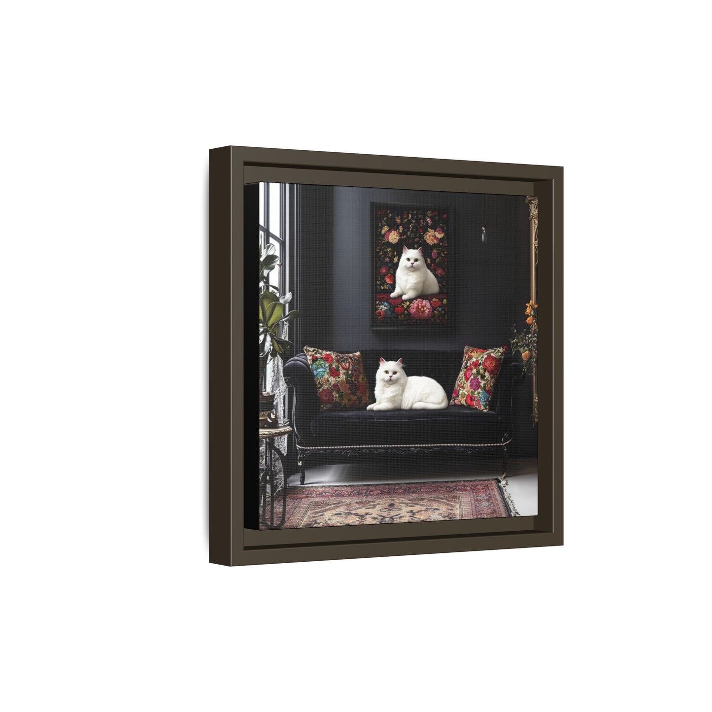 White Persian "House Cat" Portrait Matte Canvas Framed | Floral Still Life Wall Art
