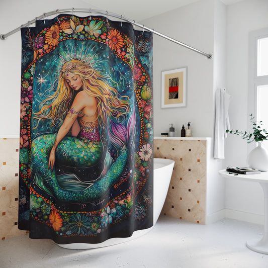 Mermaid Floral Shower Curtain, Boho Bathroom Decor, Ocean Theme Gift, Mermaid Print Curtain, Nature Inspired Home Decor