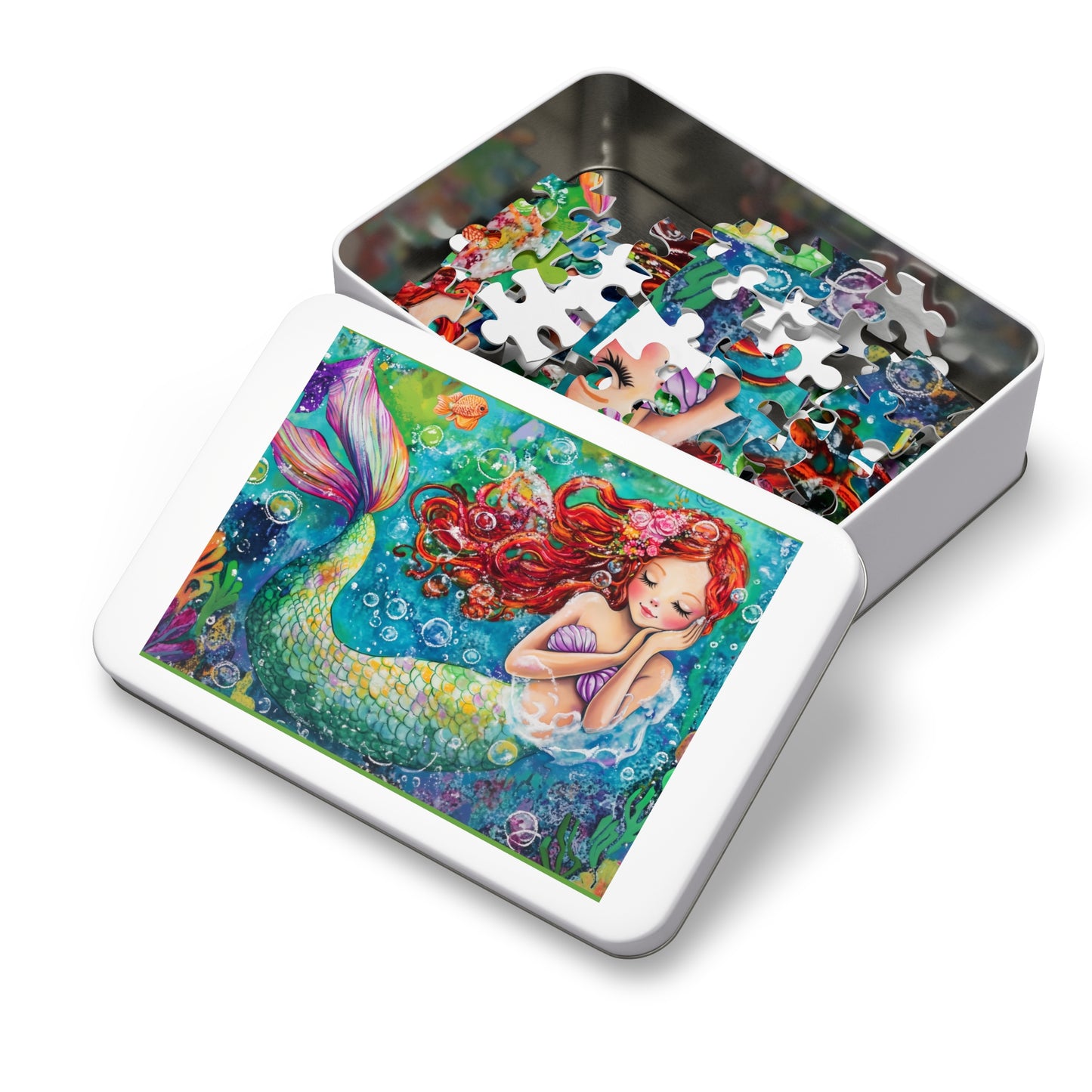 Whimsical Redhead Mermaid Jigsaw Puzzle with Tin | Colorful Underwater Scene