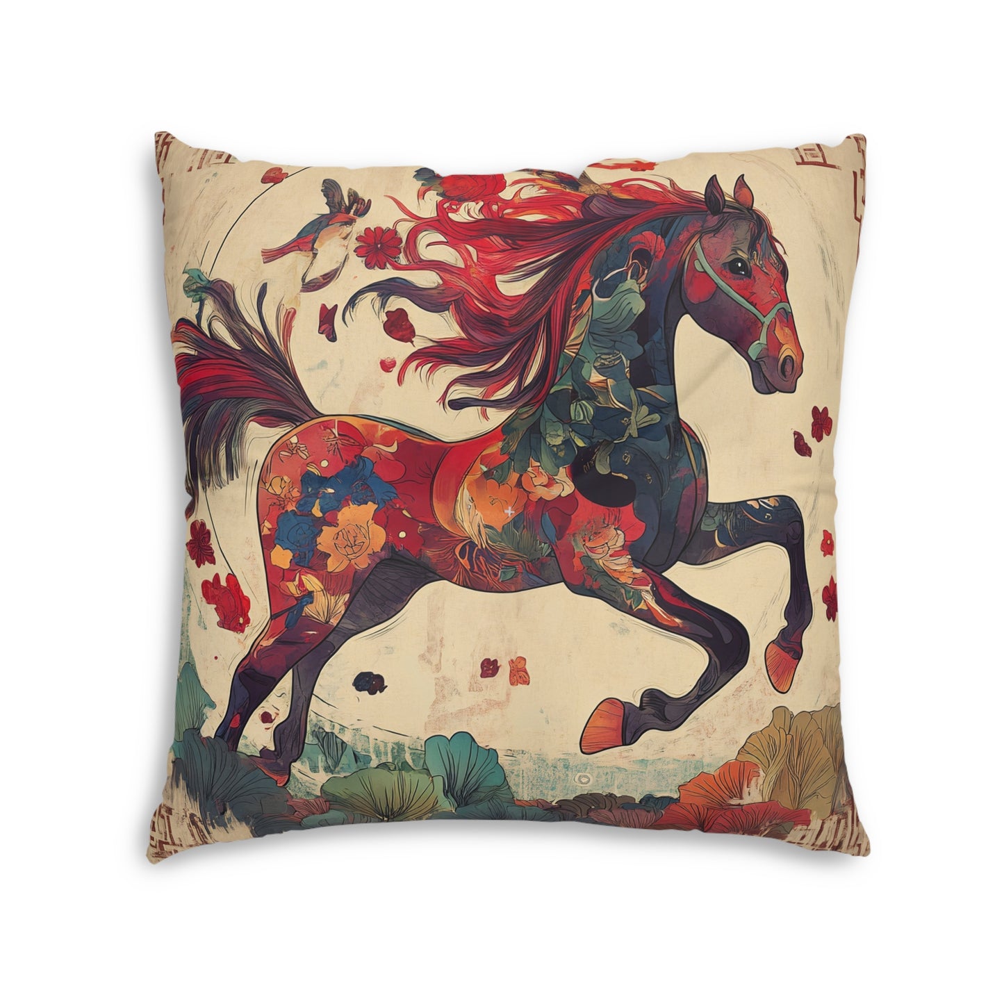 Year of the Horse Tufted Floor Pillow, Square | Colorful Equestrian Accent Cushion