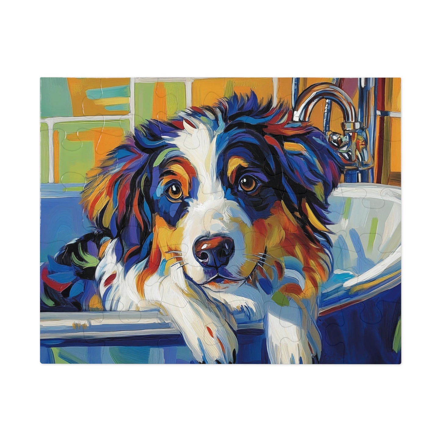 Bathtub Puppy Aussie Dog Jigsaw Puzzle with Tin | 500pc Painted Pet Art, Australian Shepherd Gift