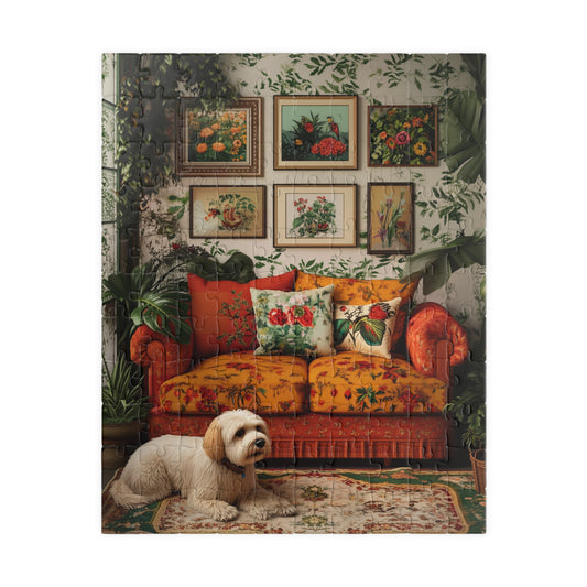 Doodle Cozy Vintage Living Room Puzzle 520 Piece | Floral Sofa Dog Illustration