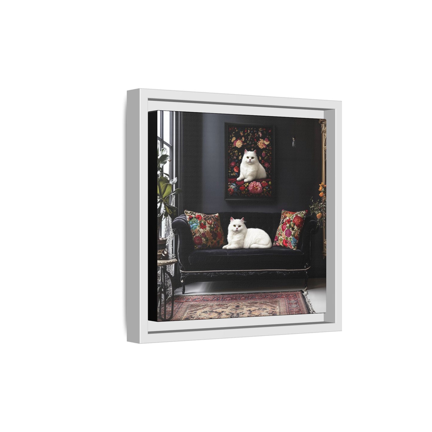 White Persian "House Cat" Portrait Matte Canvas Framed | Floral Still Life Wall Art