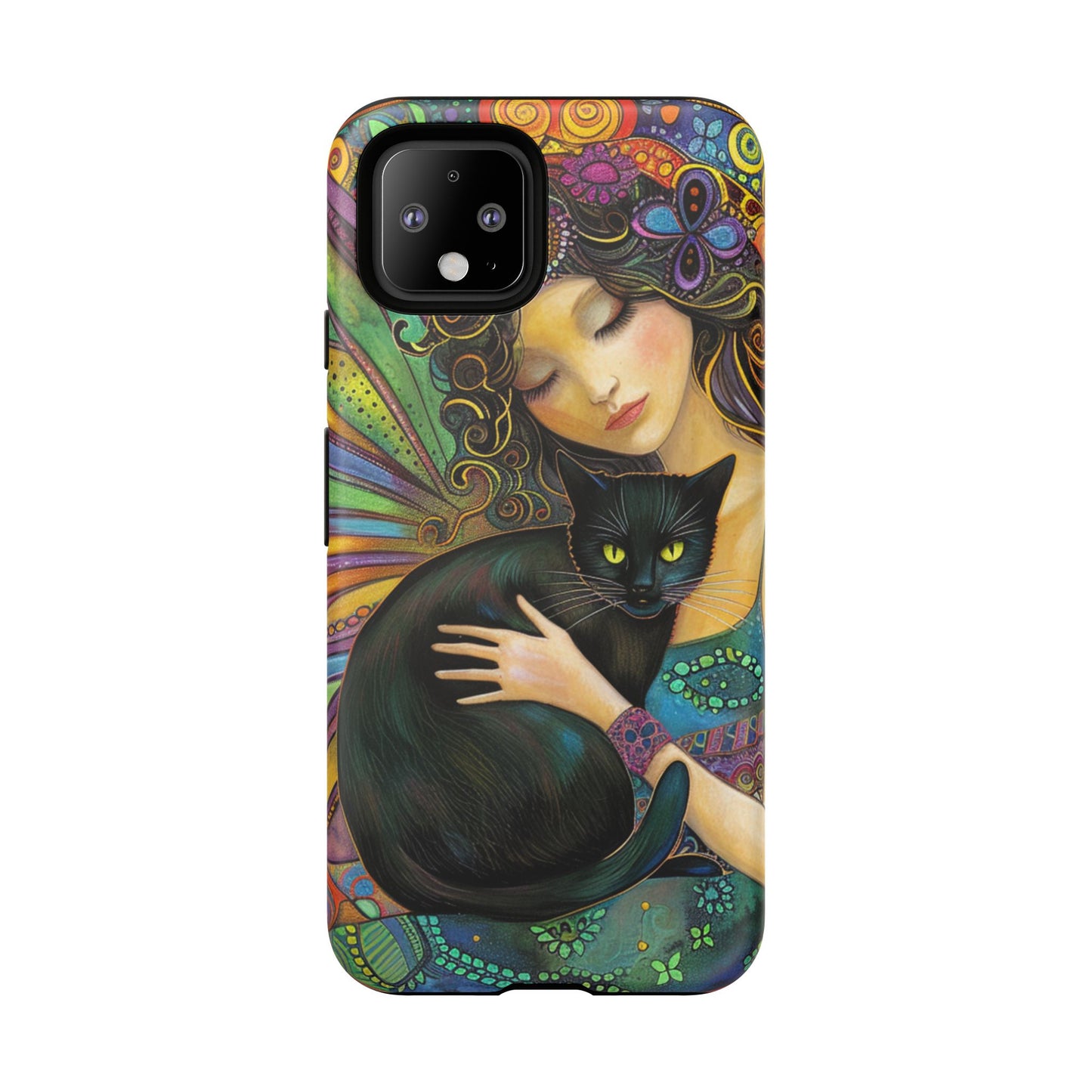 Artistic Phone Case, Celestial Cat Case, Bohemian Style, Gift for Cat Lovers, Unique Phone Protection, Colorful Design