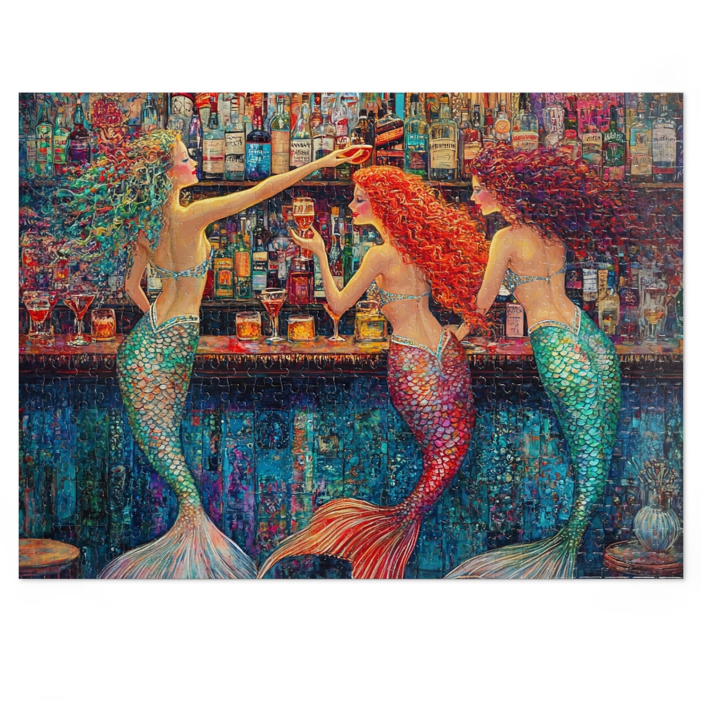 Mermaid Bar Scene Jigsaw Puzzle with Tin | Colorful Ocean Sirens