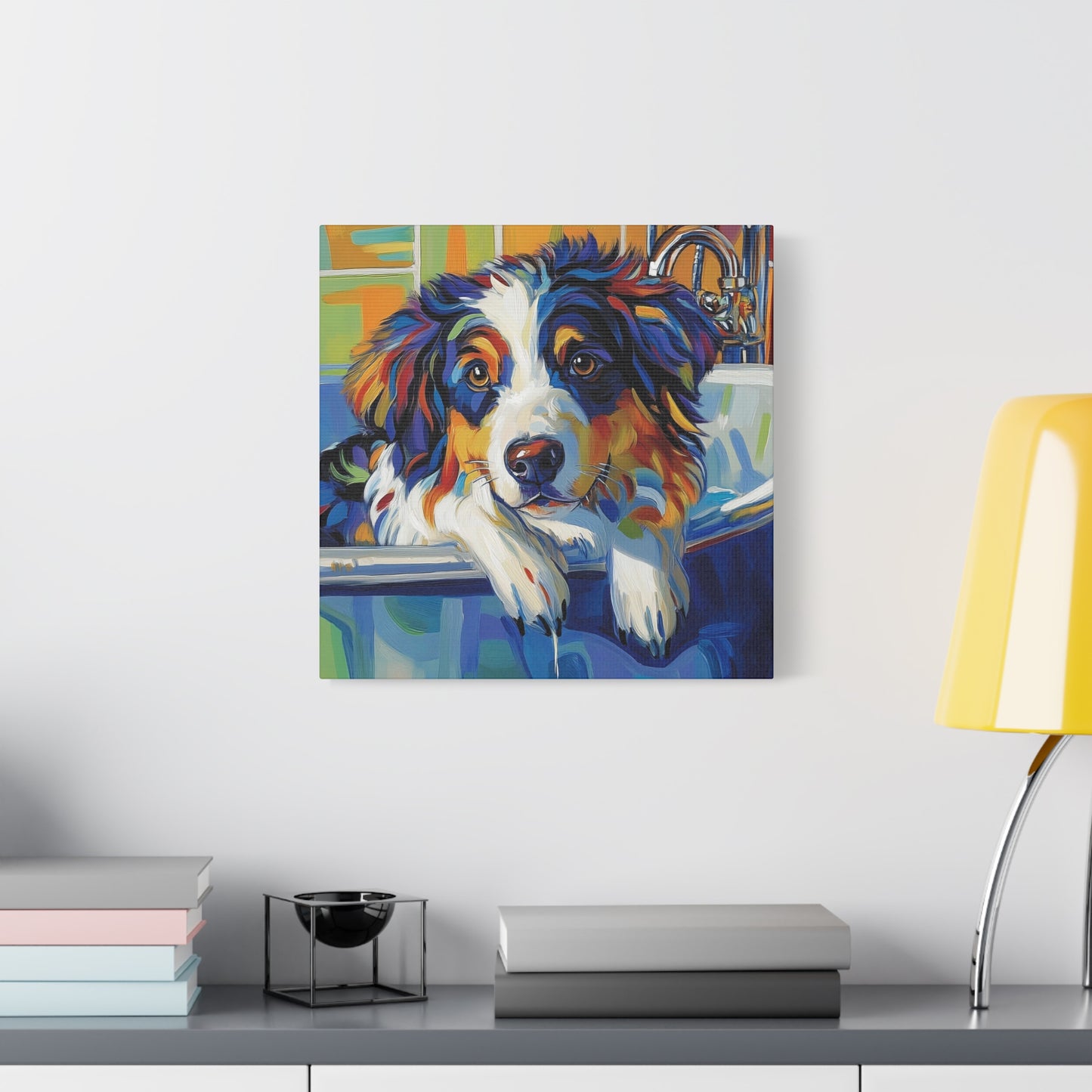 Aussie Bathtub Canvas, Australian Shepherd Art, Aussie Canvas, Tri Color Australian Shepherd Art, Dog Bathtub Prints