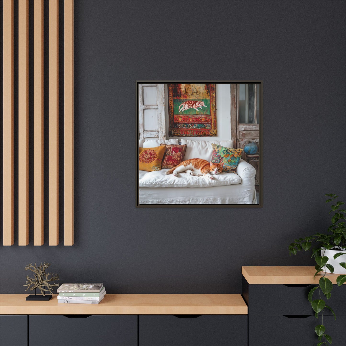 Orange Tabby "House Cat" Sleeping Ginger Cat Sofa Photo Framed Canvas