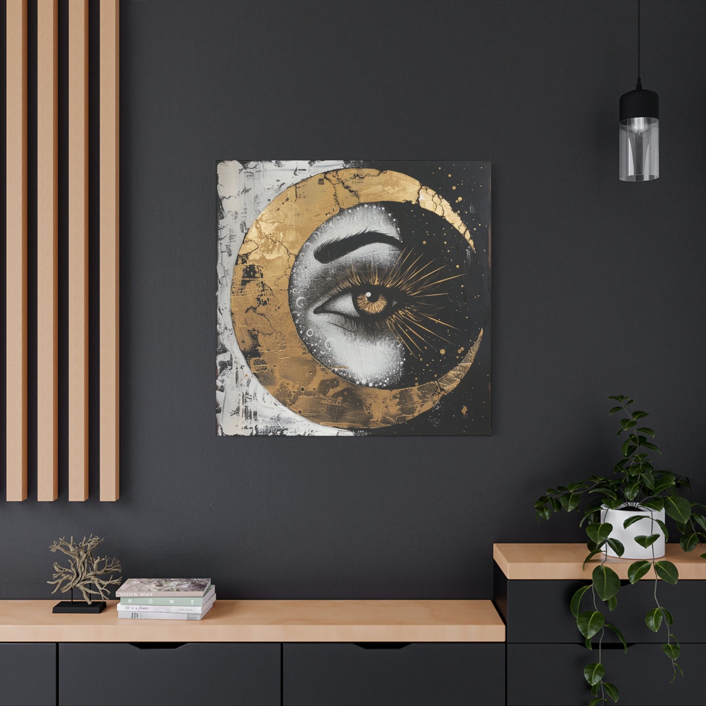 Celestial Eye Canvas Art, Gold Moon Wall Decor, Modern Home Aesthetic, Spiritual Artwork, Gift for Meditation, Boho Living Room Accent
