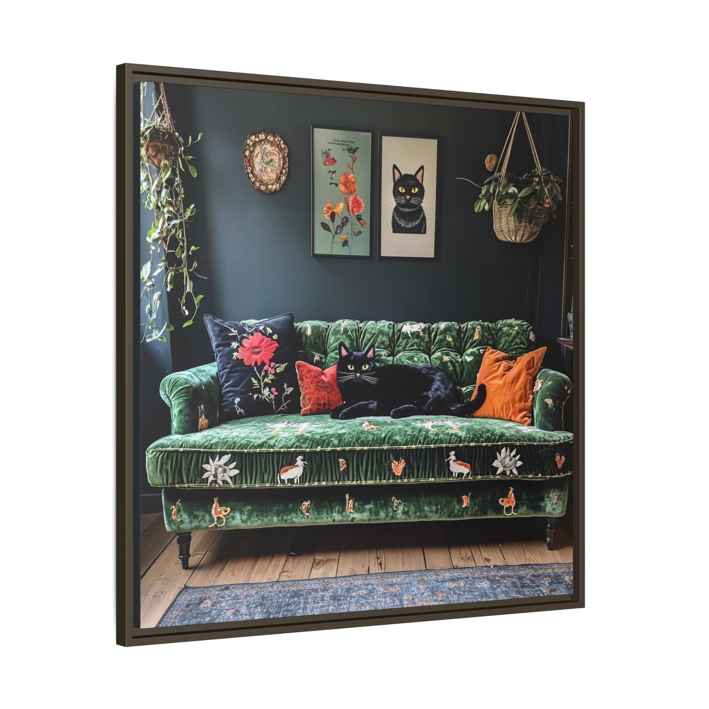 Black "House Cat" Living Room Art Matte Canvas Framed, Green Sofa Boho