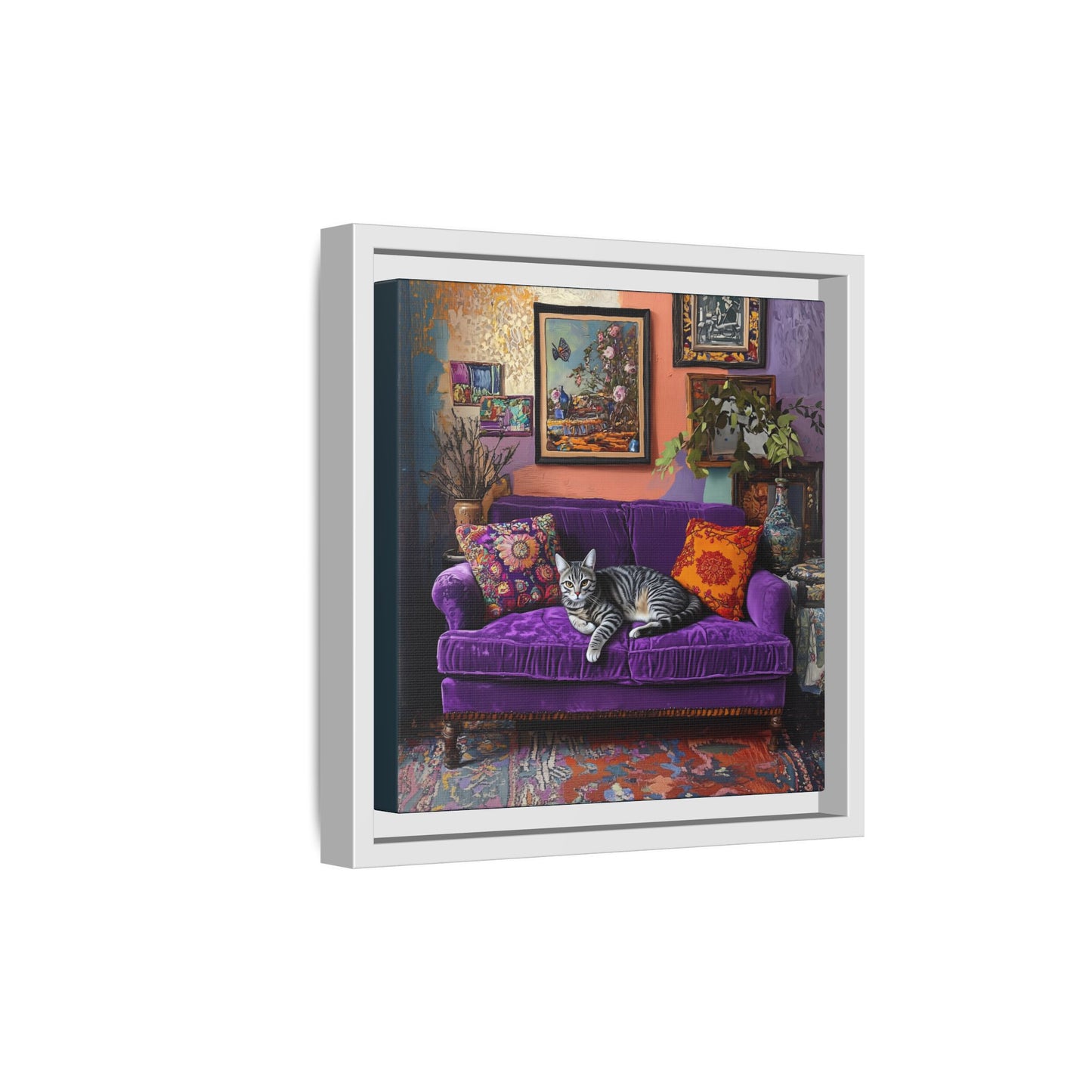 Tabby "House Cat" on Purple Velvet Sofa Matte Canvas Framed | Wall Art