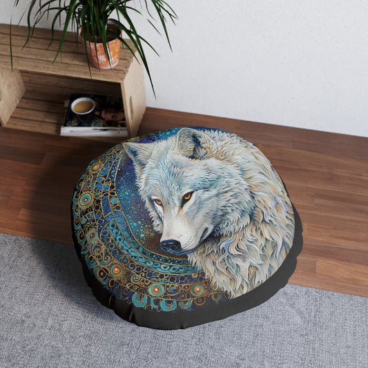 Wolf Print Tufted Floor Pillow, Round Decorative Cushion, Cosmic Home Decor, Nature-inspired Throw Pillow, Boho Living Room Accent
